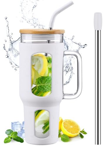 BLUEGO Glass Tumbler with Lid and Straw, 1400ml Iced Coffee Cup with Handle, Borosilicate Water Bottles with Silicone Sleeve, 1.4L Drinking Cup with 2 Straws, BPA Free, White