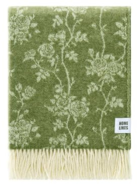 JJ Textile Green Roses Throw New Wool & Recycled Merino Sheep Wool- Soft & Cosy With a Reversible Design - Sustainable Throw for Bed, Sofa & Home Decor - Large Blanket 190cm x 130cm.