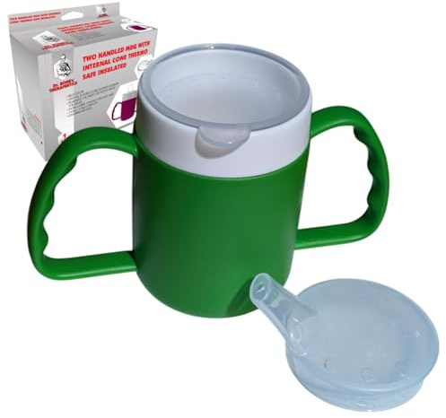 DR. BONE'S THERAPEUTICS ® Two Handled Mug with Internal Cone Blue with Spouted Lid with Small Opening, Drinking aid 140 ml (Green 2 Lids)