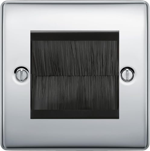 BG Polished Chrome Single 2 Gang Brush Cable Entry Wall Plate Black
