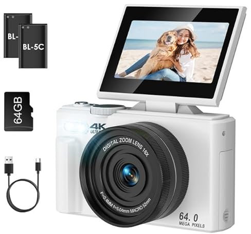 SOPPY 5K Digitalkamera Fotokamera 75MP Vlogging Kamera 3,0 Zoll 180°Flip-Screen Kompaktkamera mit 64GB Speicherkarte, 18X Digitalzoom, Mini Digitalkamera für Jungen Mädchen Anfänger, Weiß