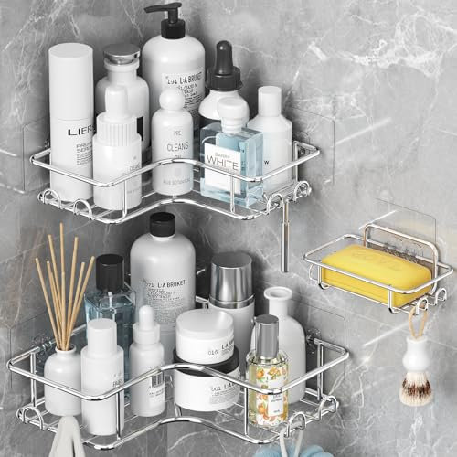 Yeabett Shower Caddy 3 Pack, Corner Bathroom Storage No Drilling, Rustproof Stainless Steel Bathroom Accessories, Silver