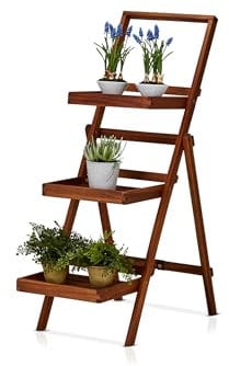 KHG Blumenregal Akazie-Echtholz geölt, Regal mit 3 Stellflächen platzsparend klappbar, wetterfest braun 3 Böden viel Platz Outdoor