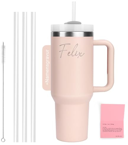 WALLFID 40oz Edelstahl Thermobecher, personalisierbar mit individuellem Namensaufdruck, vakuumisoliert mit Deckel, inkl. 3 Strohhalmen & Reinigungsbürste.(Rosenquarz)