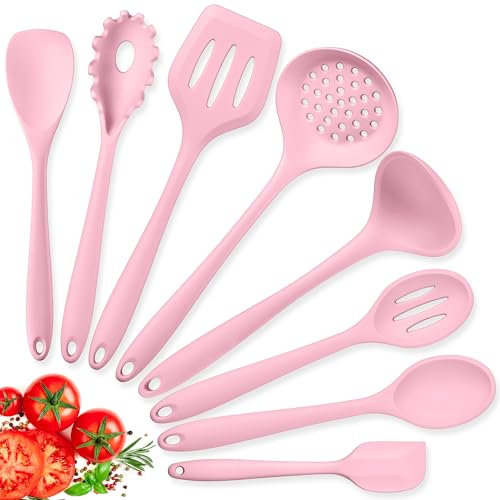 Herogo Lot de 8 ustensiles de cuisine en silicone résistants à la chaleur avec spatule, cuillère, spatule, louche, antiadhésifs et passent au lave-vaisselle, rose