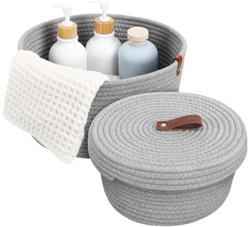 NOLITOY 2Pcs Woven Storage Basket, Cotton Rope Basket with Lid, Round Shelf Baskets for Toys, Home Bathroom Decor, Grey