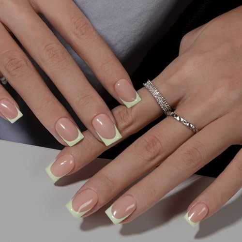 KQueenest French Tip False Nails with Glue, Pastel Green Press on Nails Short Square, Natural Nude Full Cover Short Fake Nails Press ons, Reusable Sage Green Soft Gel Stick on Nail for Women, 30 Pcs