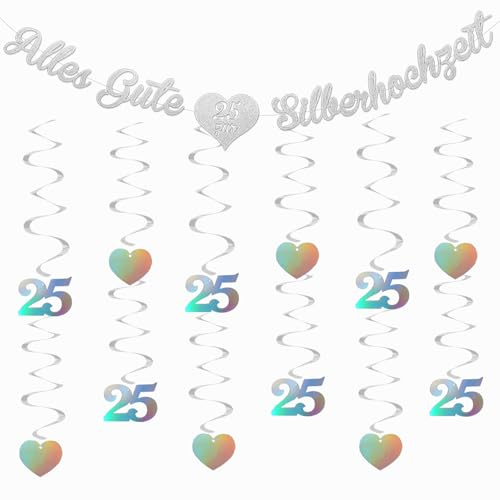 Silberhochzeit Deko, Alles Gute zur Silberhochzeit Girlande Banner, Hängende Wirbel Silberne Hochzeit, 25. Hochzeitstag Deko für Jubiläum Partydeko Geschenk