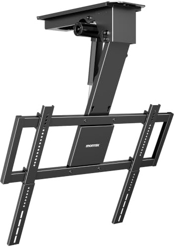 monTEK TV Deckenhalterung Elektrisch für 32-75 Zoll Fernseher bis zu 55kg | Kompatibel mit Außermittig Montierten Fernseher, Fernbedienung/App/Sprachsteuerung, Klappbar, Neigbar, für Flach/Dachschräge