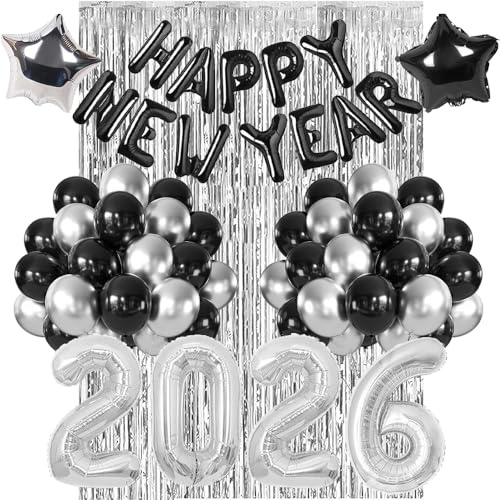 Happy New Year Deko 2026, Silvester Deko 2026, Deko Silvester Party, Happy New Year Folienballon Banner, 2026 Zahlen Folienballon, Silber Regenvorhang für Silvesterpartydeko Neujahrsdeko Accessoire