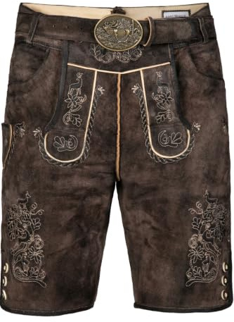 Edelnice Trachtenmode Kurze Trachtenlederhose Matze aus Büffelleder in tiefen Dunkelbraun mit edler Stickerei Gr. 44-68