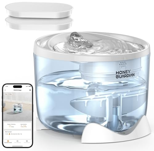 HoneyGuaridan Fuente para Gatos Sin Cable, Fuente de Agua para Gato WiFi | Bebedero Gatos Automatico con 2000mAh Batería Recargable, Control de App, 3 Flujos de Agua, Ultrasilencioso, 2 Filtro