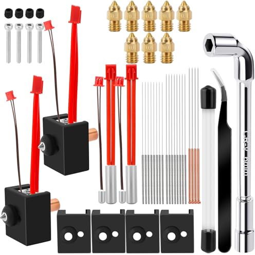 Heat Block Kit für Creality Ender 3 S1/S1 Pro/S1 Plus/CR-10 Smart Pro, 48 Stück 3D Drucker Hotend Kit mit 8 Düsen (0.2/0.4/0.6mm), 20 Reinigungsnadeln, 4 Silikonhüllen, Heizblock Zubehörset