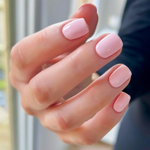 Viugex 24Pcs Pink Press on Nails, French Short Square False Nails, Solid Color Elegant Acrylic Full Cover Artificial Nail with Glue Stickers, Natural Reusable Stick on Nails for Women Girl Dating Wear