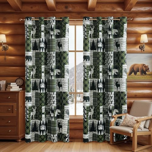 Dark Green Rustic Cabin Curtains 2 Panels Country Curtain 50% Light Blocking Darkening Grommet Window Treatments Farmhouse Patchwork Plaid Drapes Decorative for Living Room Bedroom, 52x96 inches