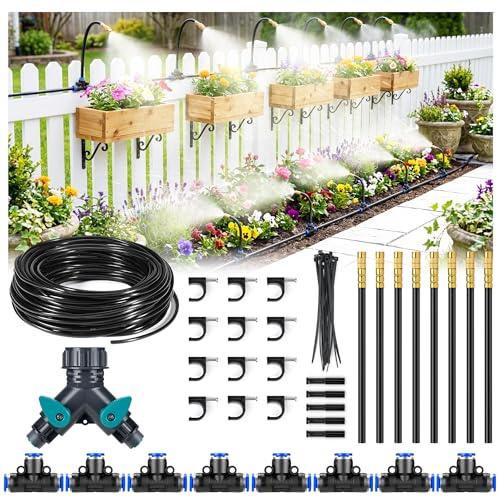 HIRALIY 360° Adjustable Irrigation System Kit 33FT, 1/4 Tubing with 8 Adjustable Copper Nozzles, Automatic Atomizing Watering Kit for Garden, Yard, Lawn, Greenhouse & Potted Plants