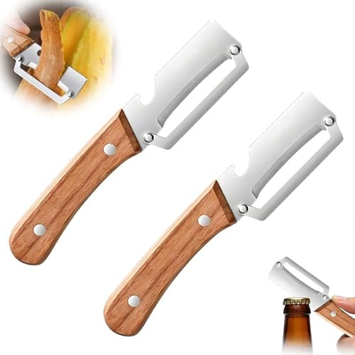 2PCS Multi-Functional Vegetable Peeler for Kitchen,Stainless Steel Vegetable Peeler with Wooden Handle and Bottle Opener,Ergonomic Potato Peeler & Fruit Slicer Sharp Blade for Carrot,Apple,Orange