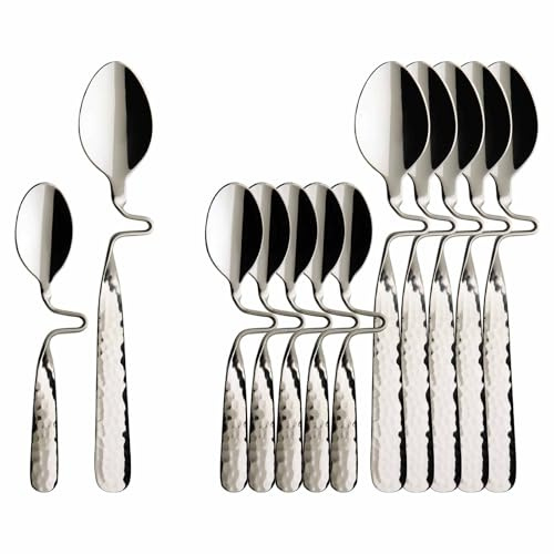 Villeroy & Boch NewWave Caffè Kaffee- & Espresso-Löffel Set 12-teilig, kleine Löffel im NewWave Wellendesign aus hochwertigem Edelstahl, spülmaschinenfest, 17.5 cm & 12 cm, Silber