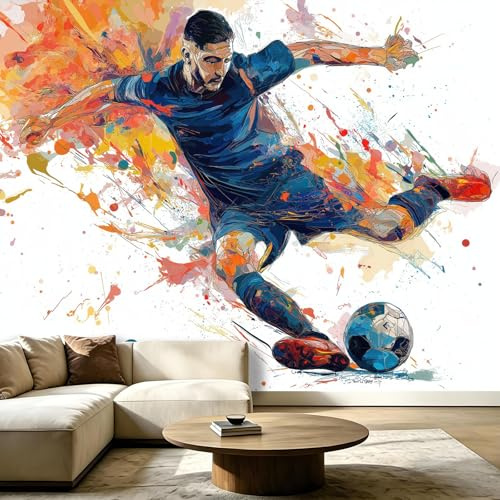 Fototapete Vlies Modern Graffiti 250x175 cm Athlet Fußball Papiertapete | hochauflösender Druck, lebendige Farben Wandtapete Dekoration, Tapete für Wohnzimmer, Schlafzimmer, Weiß