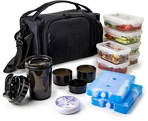 Isolierte Lunchbox mit 6 Meal Prep Boxen – BPA-Frei Wiederverwendbar Mikrowellen- und Gefriergeeignet – Lunch Tasche mit Shaker-Becher Pillen-Organizer Schultergurt und Kühlakkus - Kühltasche Schwarz
