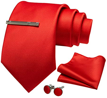 JEMYGINS Herren 9cm Breit Extra lang Krawatte und Einstecktuch Krawattenklammer Set Geeigneter Hochzeit Fest,Rot