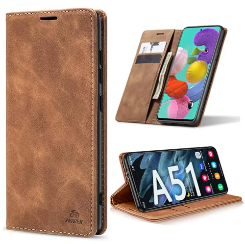 AFARER Handyhülle für Samsung Galaxy A51, mit Magnetverschluss klapphülle, Brieftasche Klappbar Ledertasche Leather Wallet case Stoßfest Schutz mit Kartenhalter,Klappständer Ständer - Braun