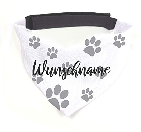 Hundehalstuch Pfote grau / weiß personalisiert inklusive Wunschname z.B. Name Ihres Hundes mit 12 cm Klettverschluss für kleine, mittlere und große Hunde (S = Halsumfang 32-38 cm)