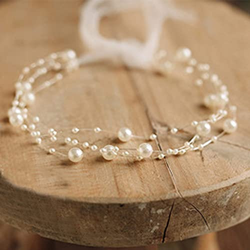 PHILSP Baby Necklace Newborn Photography Prop Baby Pearl Headband Princess Infant Headdress Hair Band Beige White