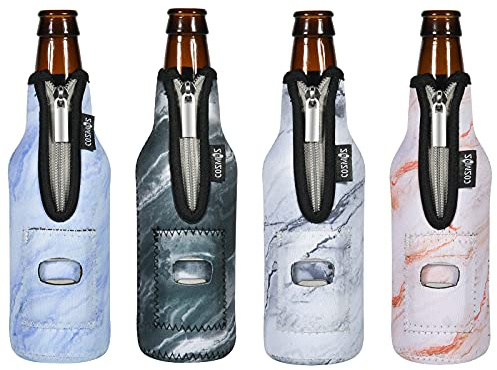Cosmos 4 Pcs Beer Bottle Sleeves Neoprene Insulator Sleeves Bottle Jackets Sleeves 12 OZ Beverage Bottle Cooler with Built in Bottle Opener (Marble Pattern (4 Pcs))
