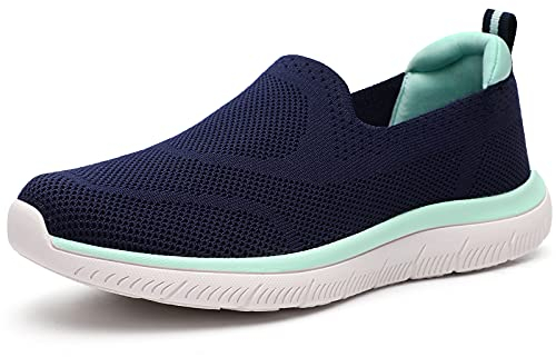 HKR Turnschuhe Damen Bequem Slip on Sneakers Mesh Laufschuhe Leichte Sportschuhe Memory Foam Schuhe Ohne Schnürsenkel Marineblau 40 EU