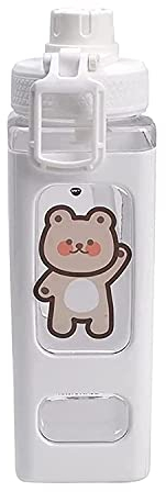 Grande Bouteille d'eau Kawaii avec Paille et Autocollant Kawaii, Bouteilles d'eau Mignonnes ours Kawaii Sport bouteille carrée portable en plastique pour Enfants Fournitures Scolaires (Blanc)