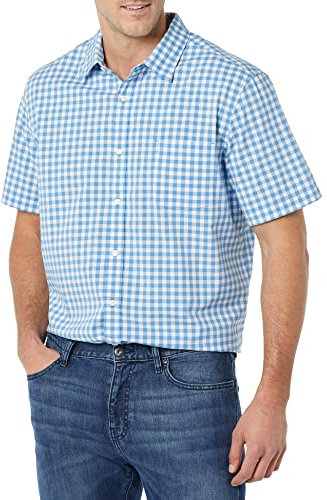 Amazon Essentials Chemise en Popeline Extensible à Manches Courtes (Grandes Tailles Disponibles) Homme, Bleu Clair Blanc Motif Vichy, XL