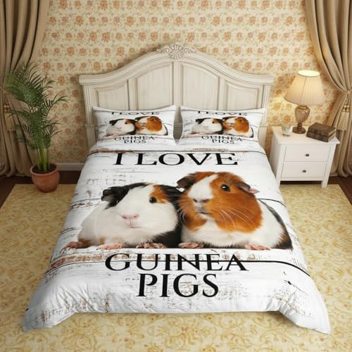 feelingyou Meerschweinchen Bettwäsche-Set 135×200,Kawaii Süßes Tier Bettbezug mit 1 Kissen Sham Trösterbezug für Kinder Jungen,Weißes Holzbrett Bettbezug Set Dekorativ 2 Stück
