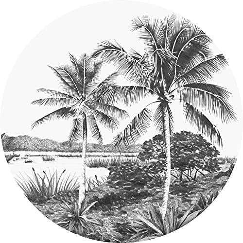 ESTAhome papier peint panoramique rond adhésif paysage tropical avec des palmiers noir et blanc - 158981 - Ø 70 cm