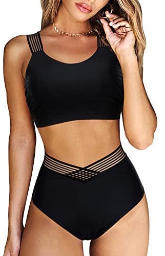 DOULAFASS Women Racer Back Bikini Top with V Cross High Waisted Bottom Mesh Swimsuit Two Pieces Swimwear Black