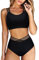 DOULAFASS Women Racer Back Bikini Top with V Cross High Waisted Bottom Mesh Swimsuit Two Pieces Swimwear Black