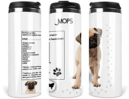 Reisebecher/Thermobecher/Isolierbecher/Edelstahl | 340 ml |Deckel | Motiv Lustige Nährwerte Mops 02
