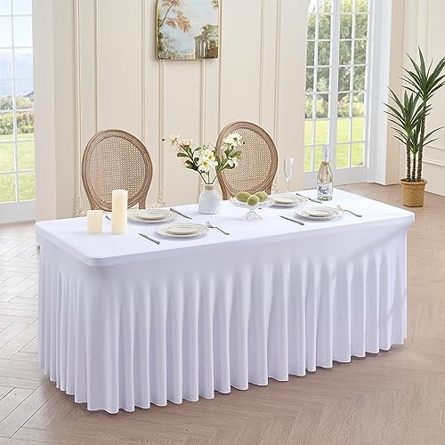 NSSONBEN 1-Pack weiße Spandex Tischdecke für 180cm Rechteck Tische, Faltenfreie Stretch Tischdecke mit Rock für Bankett Party Hochzeit Geburtstag Meeting Display Dekoration Tischdecken