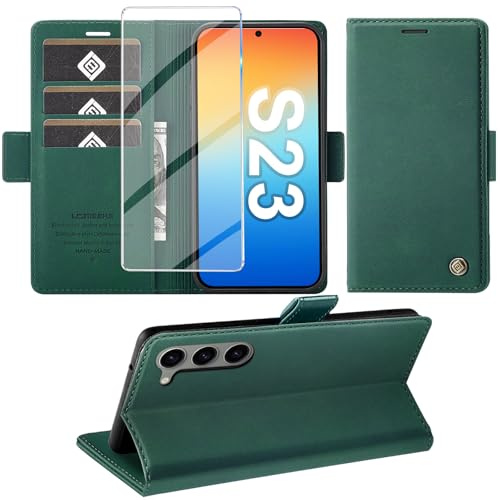 Giyer Handyhülle für Samsung Galaxy S23 5G Hülle mit Schutzfolie, Standfunktion Kartenfach Wallet Premium Leder Schutzhülle S23 5G Flip Case Cover Stoßfeste Klapphülle S23 5G 6.1 Zoll (Grün)