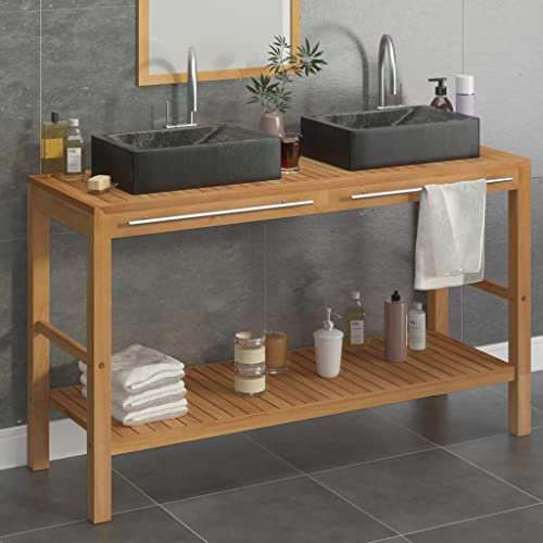 homiuse Armoire de Toilette en Teck Solide Meuble Salle de Bain Meuble Salle de Bain avec Vasque Meuble de Rangement Meuble sous Lavabo 132x45x75 cm 2 Rectangle Marbre Noir Lavabos&1 Meuble-Lavabo