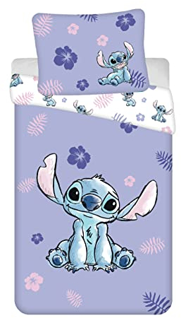 Jerry Fabrics Kinder Bettwäsche Wendebettwäsche Lilo und Stitch mit Blumen lila, Bettdeckenbezug 140x200 cm, Kopflkissenbezug 70x90 cm, 100% Baumwolle