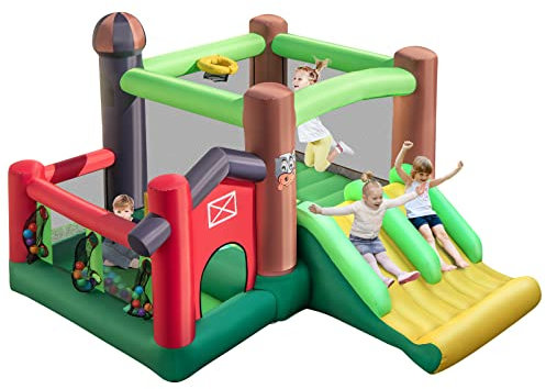 COSTWAY Kids Bounce Castle, Inflatable Trampoline Bouncy House with Dual Slides, Ball Pit, Basketball Hoop and Pitching Game, Blow up Jumper for Indoor Backyard Playground (without Blower)