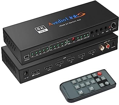 8K@60Hz HDMI Matrix Switch 4X2 mit ARC, avedio links 4 in 2 Out HDMI2.1 Matrix HDMI Video Switcher Splitter+ Optical &L/R Audio Extractor, Support 4K@120Hz HDR10 HDCP2.3 Auto Downscale mit IR Remote