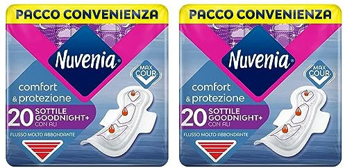 Nuvenia - Assorbente Sottile Notte con Ali - Superficie Morbida e Controllo Odori - Confezione da 40 Assorbenti