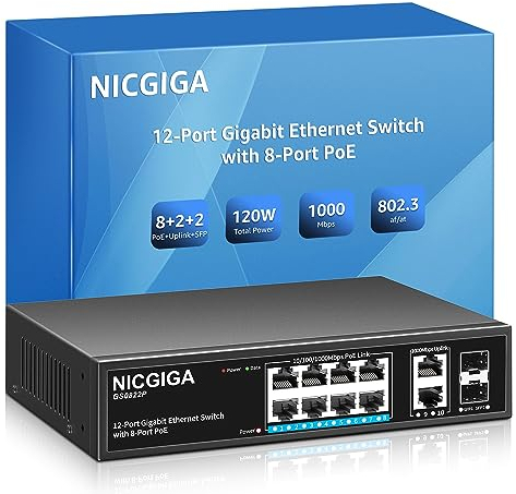 8 Port Gigabit PoE Switch Unmanaged with 8 Port IEEE802.3af/at PoE+@120W, 2 x 1000Mbps Uplink + 2 x 1G SFP, 12 Port Network Power Over Ethernet Switch, Desktop/Wall-Mount.