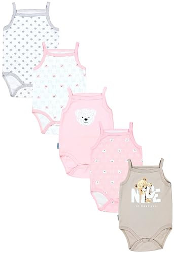 TupTam Body Baby Mädchen 5er Set – Sommer Body Baby mit Spaghettiträgern aus 100% Baumwolle, Farbe: Bärchen Rosa Weiß Sterne Grau Nice Teddy Beige, Größe: 98