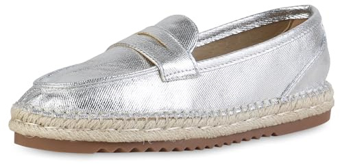 VAN HILL Damen Espadrilles Flach Bast Trendy Schuhe 215199 Silber 37