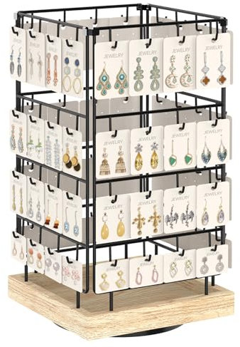 EsLuker.ly Rotating Earring Display Holder Stand for Vendors Events Selling, Large Capacity 64 Hooks Jewelry Rack with Wooden Base for Earring Card Sales, Enhances Retail Display Visibility