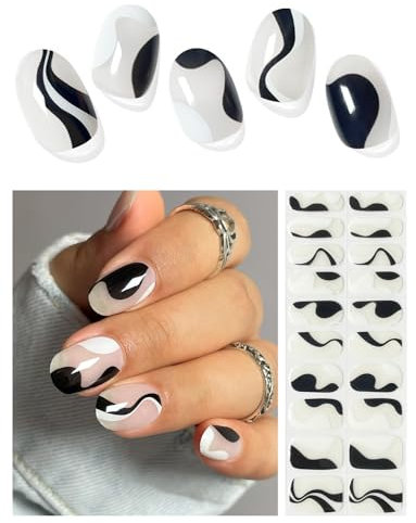 AutyaMee Semi Cured Gel Nail Strips (Black Line), 20 Pcs Gel Nail Wraps, Stickers, UV Light Required, Salon Quality, Long Lasting