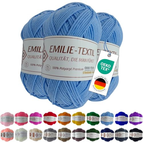 Emilie-Textil Premium Polyacryl-Garn 3X100g 20 Farben OEKO-TEX zertifiziert für Babys/Allergiker, Garn zum häckeln und stricken (3, Hell Blau)
